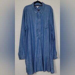Crown & Ivy Chambray Long Sleeve Shirt Dress Size XXL 2XL Pockets Lyocell Plus